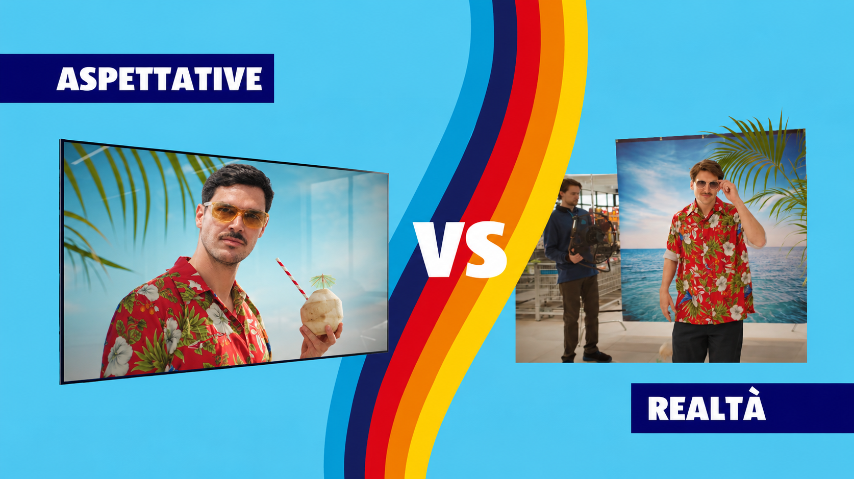 Aspettative vs realta: cocktails vs a fan and a poster backdrop